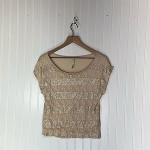 Paper Crane Beige Sequin Lace Top Sz M Made in USA Boho Chic Festival Layering